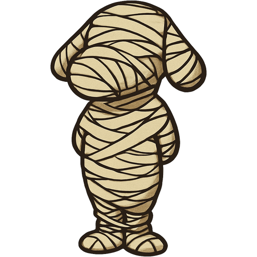 spider slik mummified cocooned dog shaped cocoon with no face arms behind back standing up legs tied together with spider slik completely covered with thin layer of spider slik wrappings completely covered with thin layer of spider slik wrappings