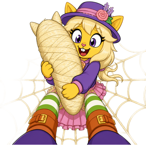 green boy cat furry getting quickly wrapped up and webbed and cocooned from head to toe by furry yellow cat anthro with purple eyes light blonde hair purple and pink florist hat and purple florist outfit green and white socks orange boots with buckles light pink skirt in first person view using its light blonde hair 2 light blonde hair cocoon shaped like green boy cat furry with arms behind back with bonded legs together completely covered with light blonde hair webbing head to toe then furry yellow cat anthro with purple eyes light blonde hair purple and pink florist hat and purple florist outfit green and white socks orange boots with buckles light pink skirt in first person view picks up the light blonde hair cocoon shaped like green boy cat furry with arms behind back with bonded legs together completely covered with light blonde hair webbing from from head to toe places onto the blonde hair spiderweb and hugs the light blonde hair cocoon shaped like green boy cat furry with arms behind back with bonded legs together completely covered with light blonde hair webbing happy tree friends comic version