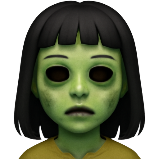 uma menina zumbi com cabelo preto pra baixo do ombro, franja pra cima da sobrancelha e sobrancelha finas e retas e olhos escuros com Pirceng no nariz (ponto de luz)