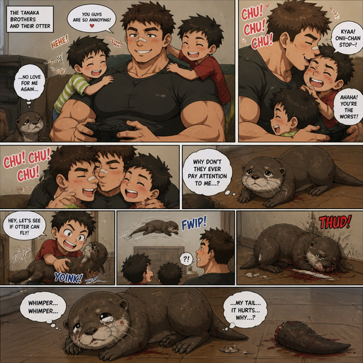 A DETAILED AND LIFELIKE ANIME Comic Book story view of a Bulky but Muscular ANIME Cute Bara Man With Peach toned skin Who looks Normal aind round facial Structure and Basic facial structure With Puffy and Big Pecs that are visible through the shirt and Biceps and Bandaid on his nose and Brown short hair that makes them look tough. Wearing normal With his pet Grown and healthy realistic otter and 2 little brothers that are in different ages but young. And he annoys the little brother’s and he kisses them all over their faces, and they laugh with joy. But the otter is left out and no one cares for him and and a brother picks him up and it flys to the wall and it layed there on its side whimpering and looses its tail