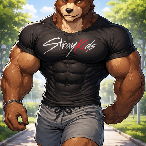 A Full BODY and FACE of a Muscular and Buff with Gigantic Pecs AND biceps. VERY Masculine, handsome, Anime Bara Furry Grizzly Bear with a Very Good-looking and Mature Face and Brown eyes with a wrestler type body and Think Abs. Walking with a Stray kids Shirt on