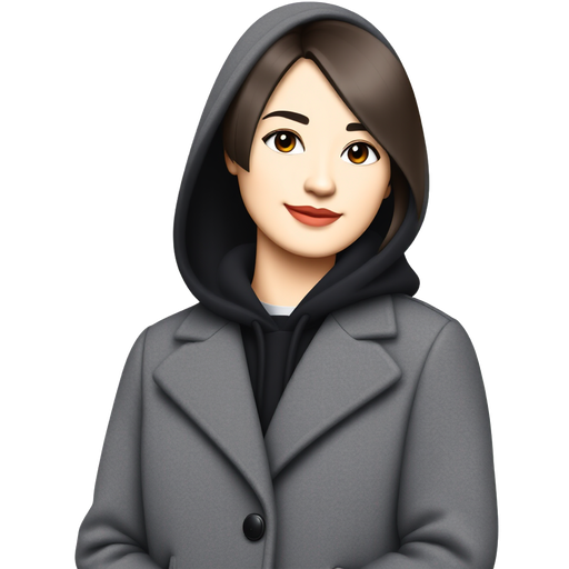 Sticker of a female character matching the pose and angle of the reference photo, gray herringbone coat, black hoodie, subtle smile, clean vector, bold outline, flat colors, soft ambient shadow, pastel background, Telegram sticker pack style, 1:1.”