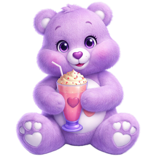 Share Light Purple Care Bear with a Strawberry Pink Milkshake in a Purple Fountain Shoppe Glass Cup With two White Straws and the First Being a Bent Straws in it Sprinkled with Red Hearts and Whipped Cream on top On the Stomach with a Dark Purple Heart Nose With White Hearts on the Feet