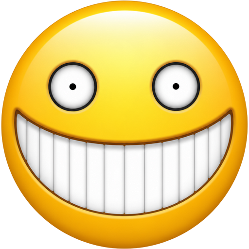 An emoji with a very long mouth, With a very long smile with long teeth. Along with having black eyes, With the irises being white, with the pupils also being very small and black.