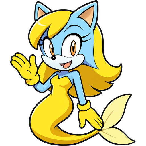 light blue vixen smiling with yellow hair orange eyes yellow glove yellow dress attached to yellow mermaid tail with light yellow tail fins sonic x version