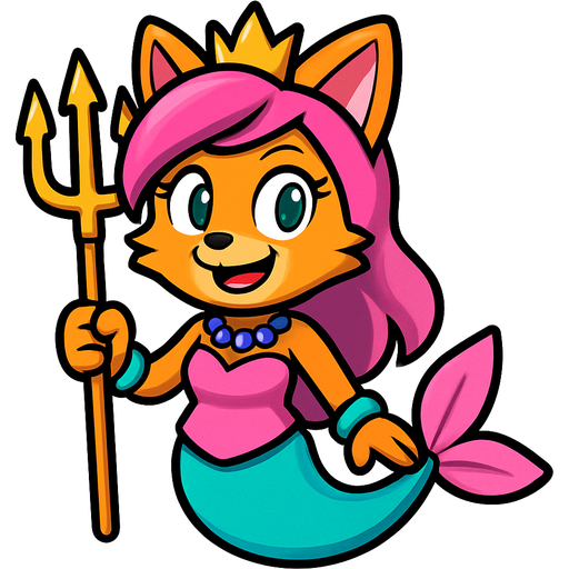 orange cat vixen hybrid smiling with pink hair green eyes golden crown with light purple necklace light cyan braclets pink dress with pink skirt attached to cyan mermaid tail with pink tail fins holding a golden trident sonic x version emoji, artistic style