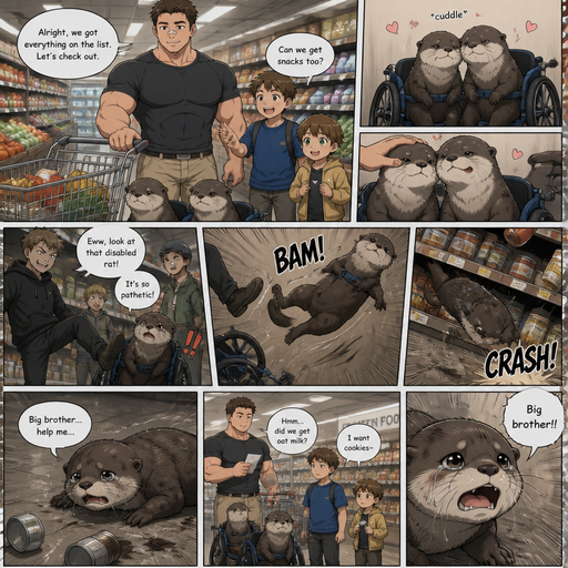 A DETAILED AND LIFELIKE ANIME Comic Book story view of a Bulky but Muscular ANIME Cute Bara Man With Peach toned skin Who looks Normal aind round facial Structure and Basic facial structure With Puffy and Big Pecs that are visible through the shirt and Biceps and Bandaid on his nose and Brown Short and Strait hair. Wearing normal With his pet Grown and long and HEALTHY, CUTE AND REALISTIC OTTERS in Dog Wheel Chairs and 2 little brothers that are in different ages but young. At the grocers store, And they’re twin otters cuddle with them. One of the otter got bullied by humans and the otter flys to the floor out of its wheel chair. And it cries for big brother’s Help but they don’t know. And the otter flys at a shelf