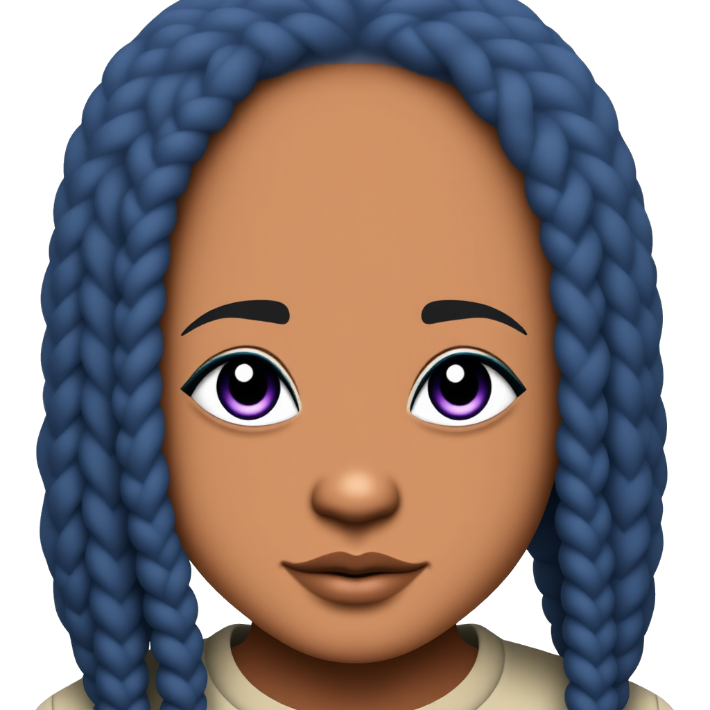 "Create a girl with purple eyes, dark light blue braided hair, beige shirt, light blue eyelashes, and brown skin."
