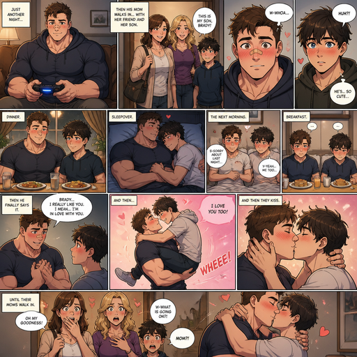 A anime comic book view of a Bulky ANIME character but Muscular and more ANIME Cute Bara Man Who looks Normal and American with a round facial Structure and Basic facial structure With Puffy and Big Pecs that are visible through the shirt and Biceps and Bandaid on his nose. Wearing a hoodie and pants.On the couch playing video games and then his mom enters the house with her friend and her friend’s son. And blushes at her friend’s son whose name is Brady. And Brady blushes cause he’s so handsome. And at the dinner table they sit by each other and then have a sleepover l. And they cuddle until they wake up in a the morning and they nervously back away from each other.and they go eat breakfast and didn’t say anything and then he confesses his love for Brady. And picks Brady up and swings him around and they kiss but there mom’s walk in