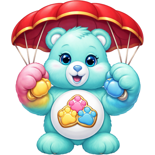 Unity Aqua Care Bear with three different color Bear Paw Arms holding the other Pink, Yellow and Blue layered over the other to form a triangle on its stomach holding a red parachute and a gold trim