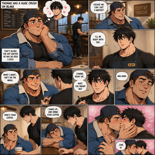 A Comic book story of a Bulky and muscular ANIME Cute Bara Man Who looks Normal and American with a round facial Structure and Basic facial structure With Big Pecs and Biceps and Bandaid on his nose. Wearing a Jean Jacket and And Hat at a Coffee house with a HUGE crush on Blake. and then there is Blake he is a Waiter at the coffee house and Doesn’t know Thomas exists. Thomas walks to a table and asks for a waiter and the waiter that comes is Blake and Blake takes Thomas’s order and Thomas says is “What I want isn’t on the menu” and raises his eyebrows and licks his teeth ignores it l Blake says “Coming right up.. wait you ment me” Thomas Nod his head Cooly Blake gives Thomas his Coffee the Blake Wakes Thomas up from the Table and says “I wake up and drink your coffee” and the Thomas Kisses Blake and then Blake gives in