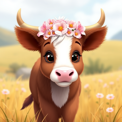 Disney style cartoon brown and white fluffy baby Highland cow in a field with a light pink flower crown on it's head