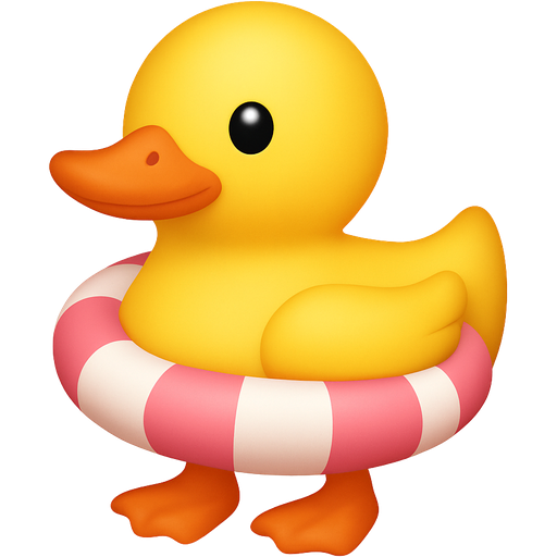 Yellow duck with light orange beak and flippers with a light pink and white striped pool float around her waist