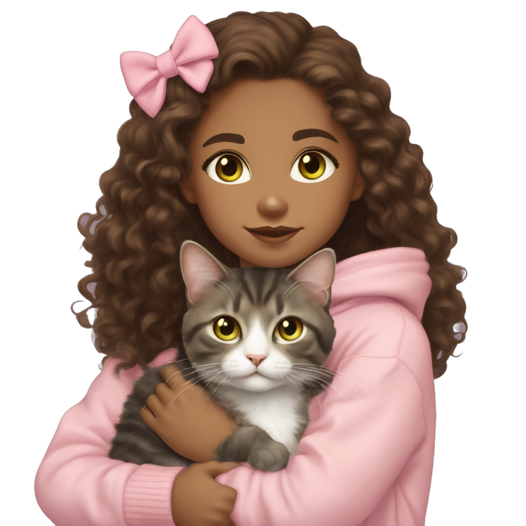 Dark Brown long loose curly hair light brown skin dark grey eyes young, holding a dark brown tabby cat with white muzzle chest and paws and yellow-green eyes The cat has a light pink bow on its ear, the girl wears a light pank sweater