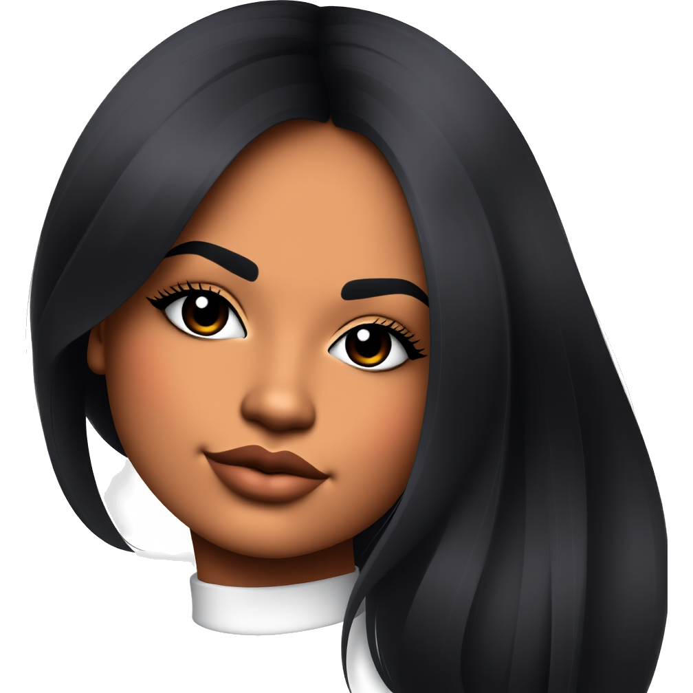 Slightly chubby girl with caramel medium dark skin and black hair with layers. Arched eyebrows big lashes and full glam matte bronzy makeup. Brown nude lips. Black hair with layers and curtain bangs