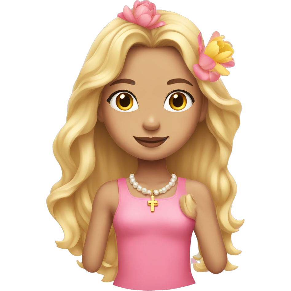Girl with blonde long hair, flower earrings, a cross Pearl necklace, cute pink Dress,and with a bouquet of yellow and pink tulips
