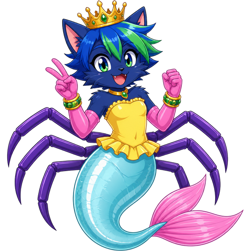 smiling dark blue boy cat furry with green and blue hair wearing golden crown green braclets attached to pink long rubber gloves yellow dress tucked in a light cyan mermaid tail with white highlights with pink tail fins with six purple spider legs (sonic x anime)