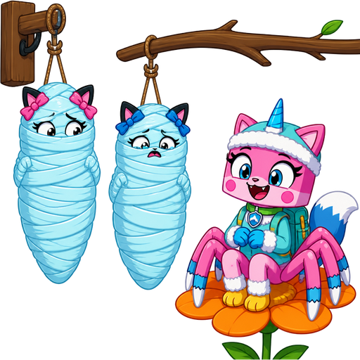 wrapped up and mummified fully covered in a #B8FFFF spider slik cocoon shaped like anthro black cat female anthro two pink hair bows worried with arms behind back with #B8FFFF spider slik wrappings completely covered with thick layers non-transparent #B8FFFF spider slik wrappings hanged to the wooden hook on the left side next to wrapped up and mummified fully covered in a #B8FFFF spider slik cocoon shaped like anthro black cat girl female anthro with 2 blue hair bows whimpering arms behind back with #B8FFFF spider slik wrappings completely covered with thick layers non-transparent #B8FFFF spider slik wrappings hanged to the branch on the the right side next to happy pink cat anthro femboy arachne with blue and white tail white wrists blue hands white ankles yellow feet green collar blue unicorn horn based on unikitty wearing everest's hat and everest's clothing with everest's backpack sitting on a orange flower