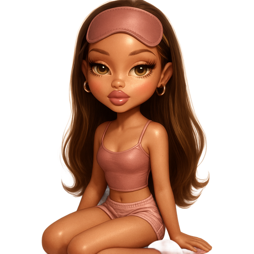 luxury glossy bratz doll romantic aesthetic, cinematic glow, crisp clean detail, glossy glam skin. brown eyed Petite girl, fair skin with soft freckles, long wide face with tall forehead, honey-golden almond wide-set upturned eyes, fluttery lashes, shimmer highlight, plush lips, bottom heavy lip, sweet Belle-princess vibe, long straight brunette hair with visible light blonde highlights, softly defined feminine body, softly defined body shape with full round bust, wearing a pale dusty rose fitted cropped camisole, pale dusty rose & pale white low rise striped boxer shorts, pale dusty rose ugg fur trim slippers, dusty rose silk sleep mask, small gold thick hoop earrings, sleek model hair wavy ends blowout draped over one shoulder, sitting with legs straight out and knees slightly bent. full body showing. Cozy romantic glow, soft warm lighting, pop-princess energy, shimmer highlight, sparkly glow