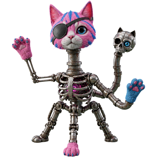 a creature with pink cat with blue markings head with eyepatch on a metal pipe a robotic skull with an eye on metal pipe tail with a ribcage with three robot legs with pink cat paw and blue cat paw on skeleton arm and blue cat paw on a metal pipe