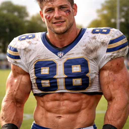 A Real life Full Body Image of a Hunky and Muscular, Handsome and Masculine Football player with Brown Spiked hair and Blue eyes and with Chunky Arms and Pecs and Stocky Body. Wearing a short football Jersey. Blushing hard with a Sunburn under his eyes cuts and bruises on his Face.