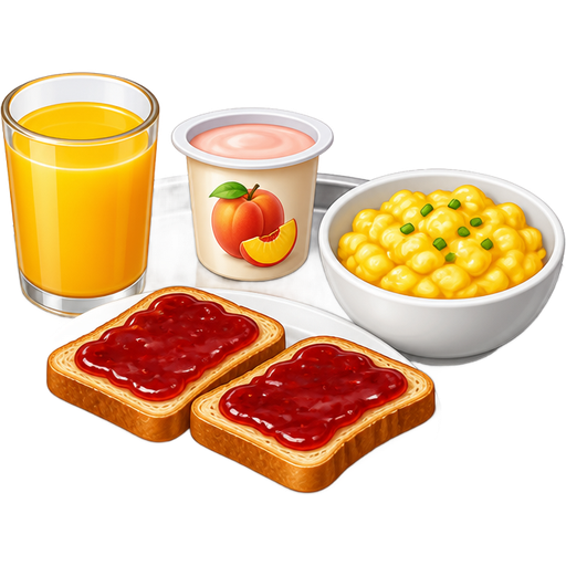 Sur un plateau mais un jus d’orange deux tartines à la confiture un yaourt à la pêche et un bol avec des œuf brouillés