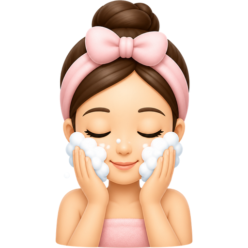 A cute woman washing her face with fluffy white cleanser, eyes closed, water splashes, Apple-style glossy 3D emoji, soft pastel colors, clean minimal design, transparent background, centered icon.