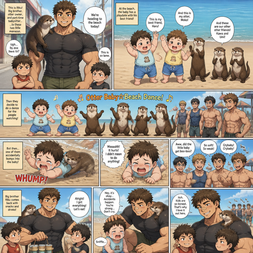 DETAILED AND LIFELIKE show everything and picture Long and detailed anime Comic Book story view of a Bulky but Muscular ANIME Cute Bara Man With Peach toned skin Who looks Normal aind round facial Structure and Basic facial structure With Puffy and Big Pecs that are visible through the shirt and Biceps and Bandaid on his nose and Brown short hair that makes them look tough. Wearing normal With his pet Grown and healthy realistic otter and 2 little brothers that despises the baby and the baby knows and baby that are in different ages but tanky and Big ARMS BUT PERFECT WAIST AND ABS young. The baby is with his best friend baby on a play date and they are wearing cute summer clothes and the baby tells the baby‘s best friend and the otter Introduces his friends at the beach and there art 3 otters and Baby’s and they perform a fun dance routines infront of some guys. Amd it‘s childish and the baby looks scared, and flys into the sand from one of them and cries while big bro is getting food and they make funnof them for it and it hurts so much but big bro loved it.