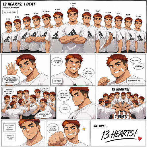 A Full page Anime Comic book story about of a masculine and Bulky ANIME Cute Bara Man American 20 year old with a ROUND and BASIC facial structure and TENAGE BARA CUTE MALE not to detailed With bigger than average Pecs that are visible through the shirt and Biceps and a big Bandaid on his nose and Left Cheek and Right Eye brow. Wearing a no piercings Baggy White Adidas Athletic shirt and Short and Red Hair and Bright Orange Hair Tips and Strait with brown eyes and black eyebrows. In a 13 member Boyband Groups with members that looks like him