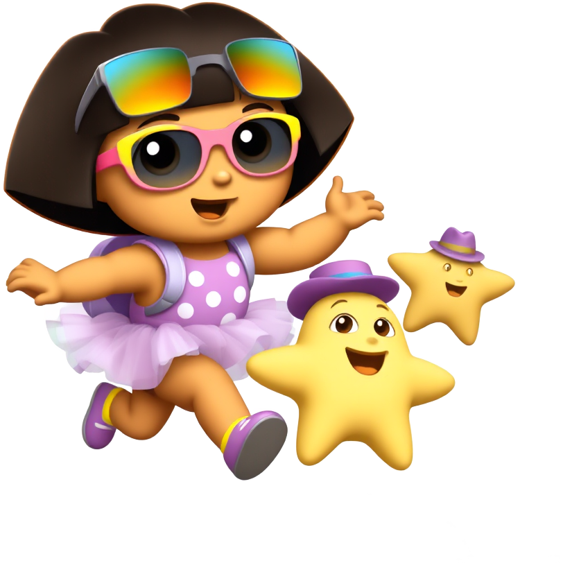 "Dora, donned in oversized rainbow sunglasses and a polka-dotted tutu, hilariously chases giggling stars that bounce like rubber chickens through a crop field. Each star wears a tiny cowboy hat and squeaks as they zoom past fields of dancing corn and singing scarecrows!"