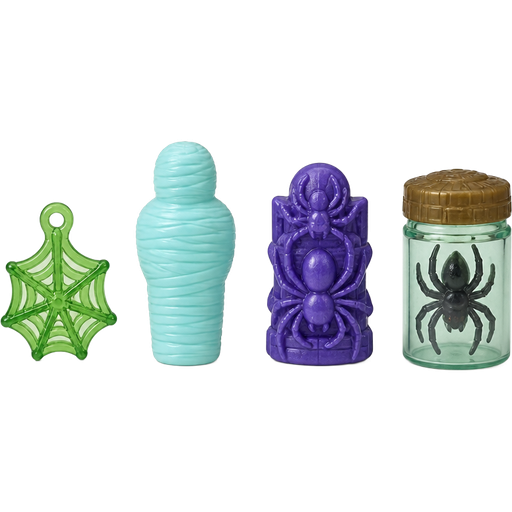 moose toys treasure x 4 non gold treasures they have a spider theme 1 green spider web charm 2 wrapped up and mummified fully covered in a #B8FFFF spider slik cocoon shaped like human arms behind back with #B8FFFF spider slik wrappings completely covered with thick layers non-transparent #B8FFFF spider slik wrappings 3 purple spider idol 4 spider in jar