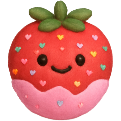 Strawberry plushy with a smiling face. Super cutesy and covered in small tiny little colorful hearts also dipped in a pink sauce that comes up right under its face.