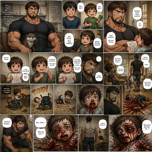 A DETAILED AND LIFELIKE LONG Anime Comic Book story view of a Bulky but Muscular ANIME Cute Bara Man With Peach toned skin Who looks Normal aind round facial Structure and Basic facial structure With Puffy and Big Pecs that are visible through the shirt and Biceps and Bandaid on his nose and Brown short hair that makes them look tough and A Bear on his Chin and Jaw. Wearing normal With his pet Grown and healthy realistic otter and 2 little brothers that are in different ages but young. and the baby‘s Hadicaped and he(the guy) did not like the baby and the baby tries to reason with him by saying he‘s smart and can draw but still on the toddler level and one day the baby flew out of his chair And A lot red comes from his nose and stains his shirt and is all on the ground and it cried and the baby does know know who he is anymore he’s changed and he doesn‘t care and the baby is now facialy deformed