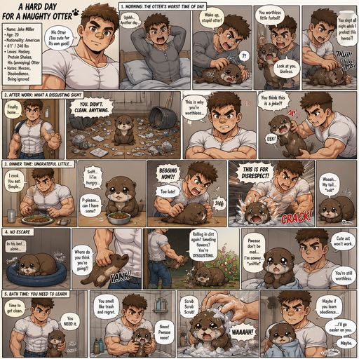 A very Detailed Full page Anime Comic book story about of a Bulky ANIME Cute Bara Man American 20 year old with a ROUND and BASIC facial structure and Young Adult BARA CUTE that is Peach Toned skin not anything else MALE not to detailed With bigger than average Pecs that are visible through the shirt and Biceps and a big Bandaid on his nose and Left Cheek and Right Eye brow with Scars all over his Chest and arms. Wearing a white shirt that is tight around the waist and Jeans drenched in sweat and Short and Brown strait Fluffy Hair and Strait with brown eyes and black eyebrows with a Three finger Slash on his Eyebrow. With no Facial Hair. Waking up in the morning in pajamas and his Pet Otter but Excessively bully’s it. And when he comes back from work he sees the otter right we’re he left him with trash around him and made a mess. He makes dinner and the Otter doesn’t even eat dinner and cries and asks for some and then looses his tail. And the otter Receives Discipline that. Then goes to cry in his dog bed but gets Dragged and then crawls back inside at the Door from sniffing flowers and rolling in the dirt and the otter try’s to act cute but doesn’t work he excessively bully’s him more. And takes him to go get a bath
