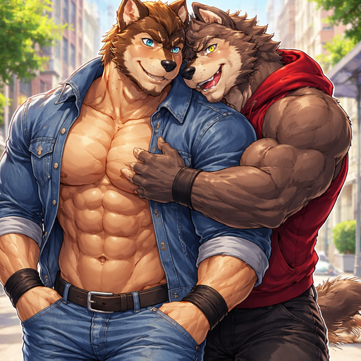 A Anime Full BODY and FACE of a Muscular and Buff with Gigantic Pecs AND biceps. VERY Masculine and handsome Bara Furry Bear with a Very Good-looking and Dreamy Face and Blue eyes with a wrestler type body. Dressed in a Jean Jacket. Walking on the street. With another Bara Furry huggkng Each other