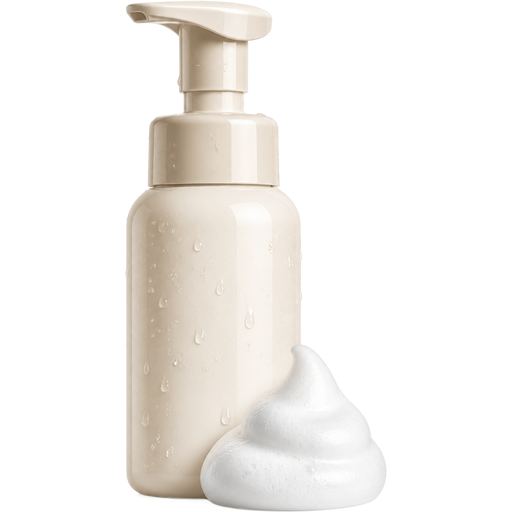 A premium facial cleanser pump bottle with soft white cleansing foam, tiny water droplets, glossy 3D icon style, elegant minimal aesthetic, white and beige color palette, realistic skincare packaging, centered composition, transparent background, no people, no text, no labels.