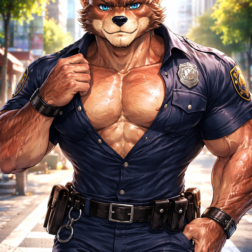A Anime Full Body and Face of a Muscular and Buff with Gigantic Visible Pecs AND biceps. VERY Masculine and handsome Bara Furry Bear with a Very detailed Good looking Face and Blue eyes with a wrestler type body. Dressed in a Halfway buttoned up Police Uniform Tugging his Collar. Drenched in Sweat and Sunburnt on his Body and Face. Walking on the street.