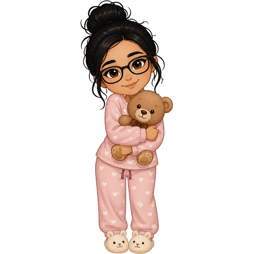light tan woman with black hair messy hair bun and glasses wearing comfy pyjamas and holding a teddy bear