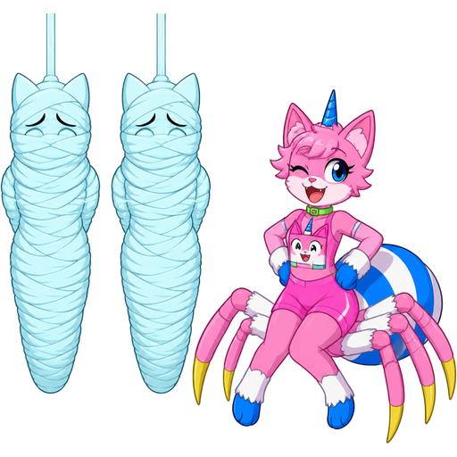 wrapped up and mummified fully covered in a #B8FFFF spider slik cocoon shaped like anthro female native cat anthro worried arms behind back with #B8FFFF spider slik wrappings completely covered with thick layers non-transparent #B8FFFF spider slik wrappings wrapped up and mummified fully covered in a #B8FFFF spider slik cocoon shaped like anthro female native cat anthro worried arms behind back with #B8FFFF spider slik wrappings completely covered with thick layers non-transparent #B8FFFF spider slik wrappings hanged to the ceiling on the left side next to wrapped up and mummified fully covered in a #B8FFFF spider slik cocoon shaped like anthro female native cat anthro worried arms behind back with #B8FFFF spider slik wrappings completely covered with thick layers non-transparent #B8FFFF spider slik wrappings hanged to the ceiling the left side next to happy anthro femboy pink cat drider with blue and white tail white wrists blue hands white ankles yellow tips on spider legs green collar blue unicorn horn wearing femboy clothing based on unikitty
