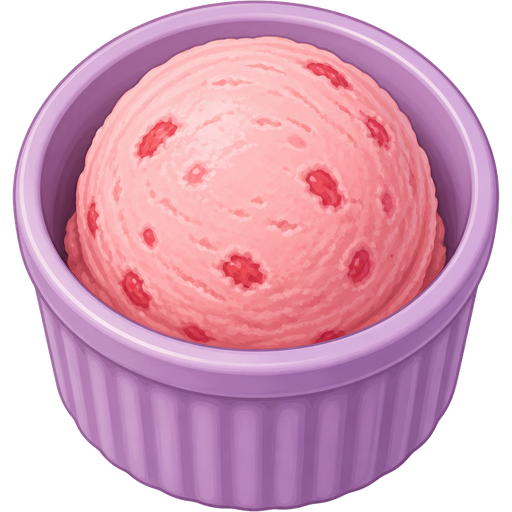 ghibli style | color #A865B5 ceramic ramekin | single strawberry ice cream scoop inside ramekin | view: high-angle + front center + close-up