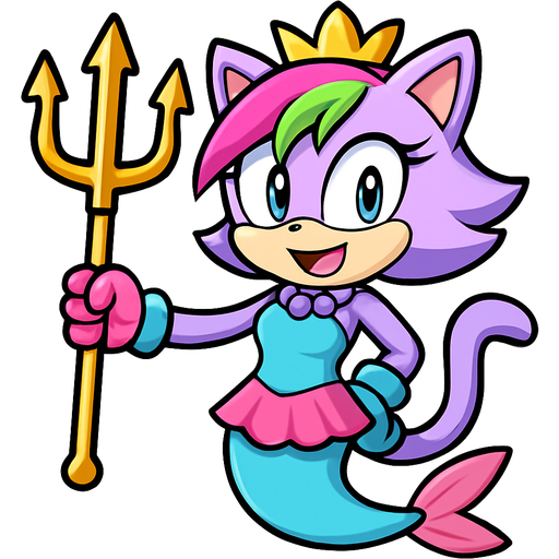 sonic x style version light purple anthro cat smiling with pink and green and yellow hair blue green eyes golden crown with light purple necklace light cyan braclets cyan and blue dress with pink skirt attached to cyan mermaid tail with pink tail fins pink and cyan gloves holding a golden trident sonic x style version