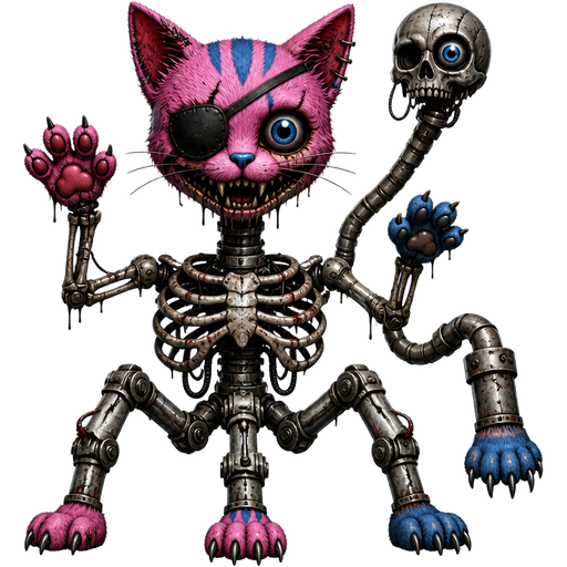 a creature with pink cat with blue markings head with eyepatch on a metal pipe a robotic skull with an eye on metal pipe tail with a ribcage with three robot legs with pink cat paw and blue cat paw on skeleton arm and blue cat paw on a metal pipe