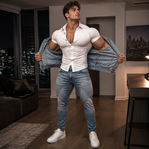 A Full Body View of Buff Jacked, Muscular and Hot Guy With Humongous Biceps and Pecs. In a Tight and Short White Shirt with a Jean Jacket over and Jeans with a Watch, with Brown Hair and Brown Hair. Taking off his jacket to sho his