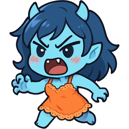 Oblique angle cute lady monster with light blue skin in a short lacy orange nightgown growling and being fierce