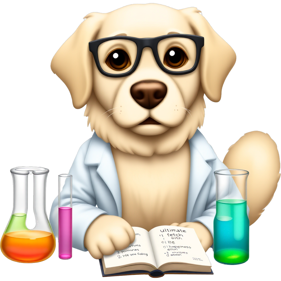 Adorable golden retriever in a lab coat, complete with oversized glasses perched on its snout. It’s surrounded by colorful test tubes bubbling with mysterious potions. A tiny lab notebook rests beside it, filled with paw-scribbled formulas for “ultimate fetch” and “happiness elixir.” A playful scientist with a wagging tail!