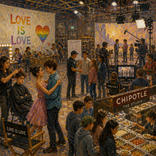 give me kids behind the scene of love is love and the kids who are actors who have a crush on each other in the show are dancing with each other behind the scenes, and the makeup artist is doing the bullies hair, who is the bully to the main character and the director is talking to some of the cast members, and some of the cast members are on set working on the scenes and filming their scenes from the other director and some of the other people are getting chipotle from the chipotle bar in the studio in a big big, big, big big big big big big movie set
