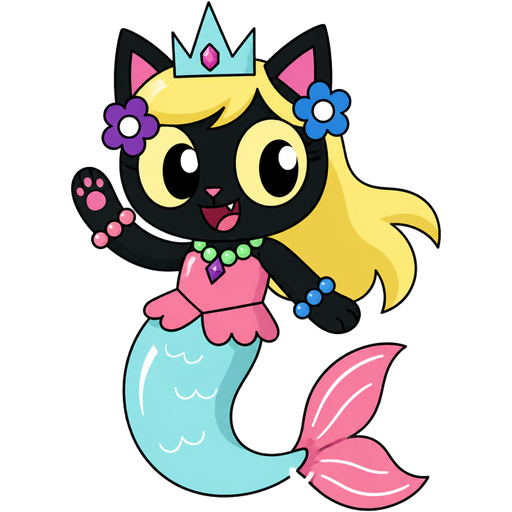 black cat with light yellow hair purple and blue flowers light cyan crown purple and green necklace pink and blue bracelets pink dress attached to long light cyan mermaid tail with white highlights with pink tail fins with white highlights in cartoon network styles 1 mighty magiswords 2 adventure time 3 unikitty! 4 powerpuff girls 5 we bare bears 6 hi hi puffy amiyumi 7 robotboy