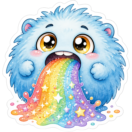 Веселый, Тошнит радугой и блесками, a cute fluffy round creature, soft light blue fur, big shiny yellow eyes, small ears barely visible, chubby ball shape, expressive face, cartoon style, bold outline, soft shading, sticker style, white background