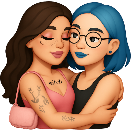 Two white girls hugging romantically, one has long flowy dark brown hair, brown eyes, freckles, a little brown half moon tattooed beneath her eye, pink eyeshadow and a pink lipstick, blush on her cheeks. She’s wearing a pink sexy dress on straps and a little fluffy light pink luxury purse. She has the word ‚witch’ lowercase tattooed on her chest and other tattoos around her body. The other girls has a little over shoulder length blue hair with a middle part, brown eyebrows, blue eyes with black winged eyeliner, she wears round glasses with narrow frames, has a nostril circular nose ring and tunnel piercings in her ears. She also wears blue lipstick and rouge on her cheeks, apart from flat black tank top.