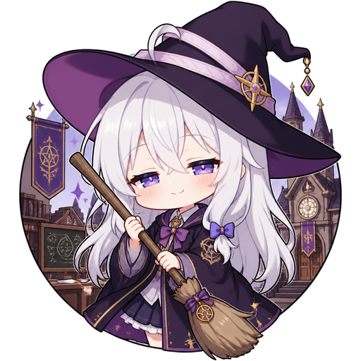 A cute little witch girl with white hair (she's not old), purple eyes, and a witch outfit; her eyes are a bit closed, and she is holding a witch broom. She is in a witch school background.